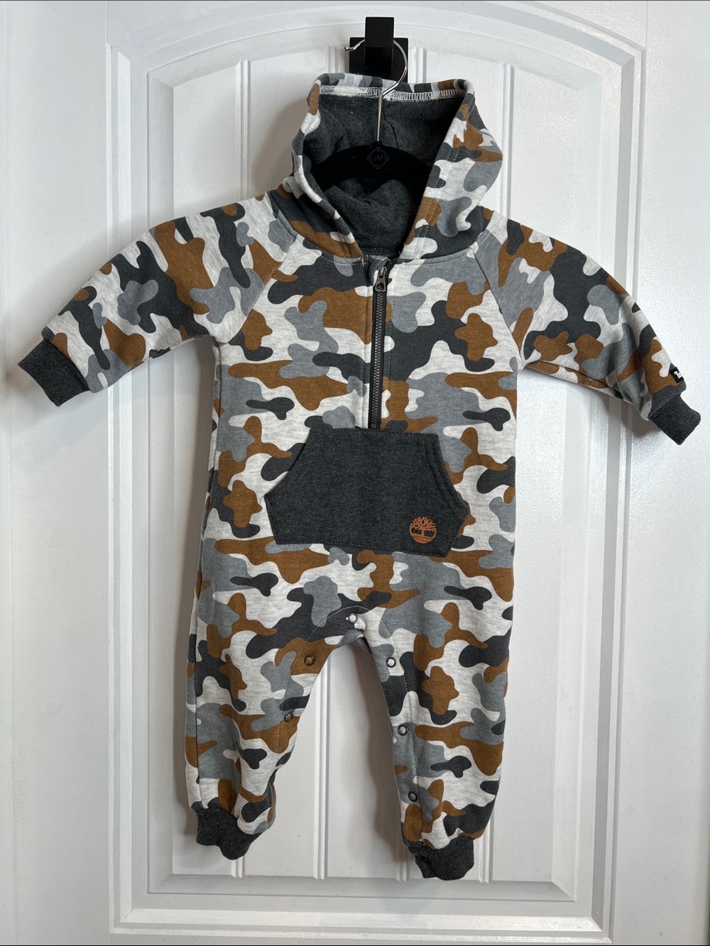 Timberland Kids Camo‎ Hooded One-Piece – Gray, Brown & Black. Size 12 Months.